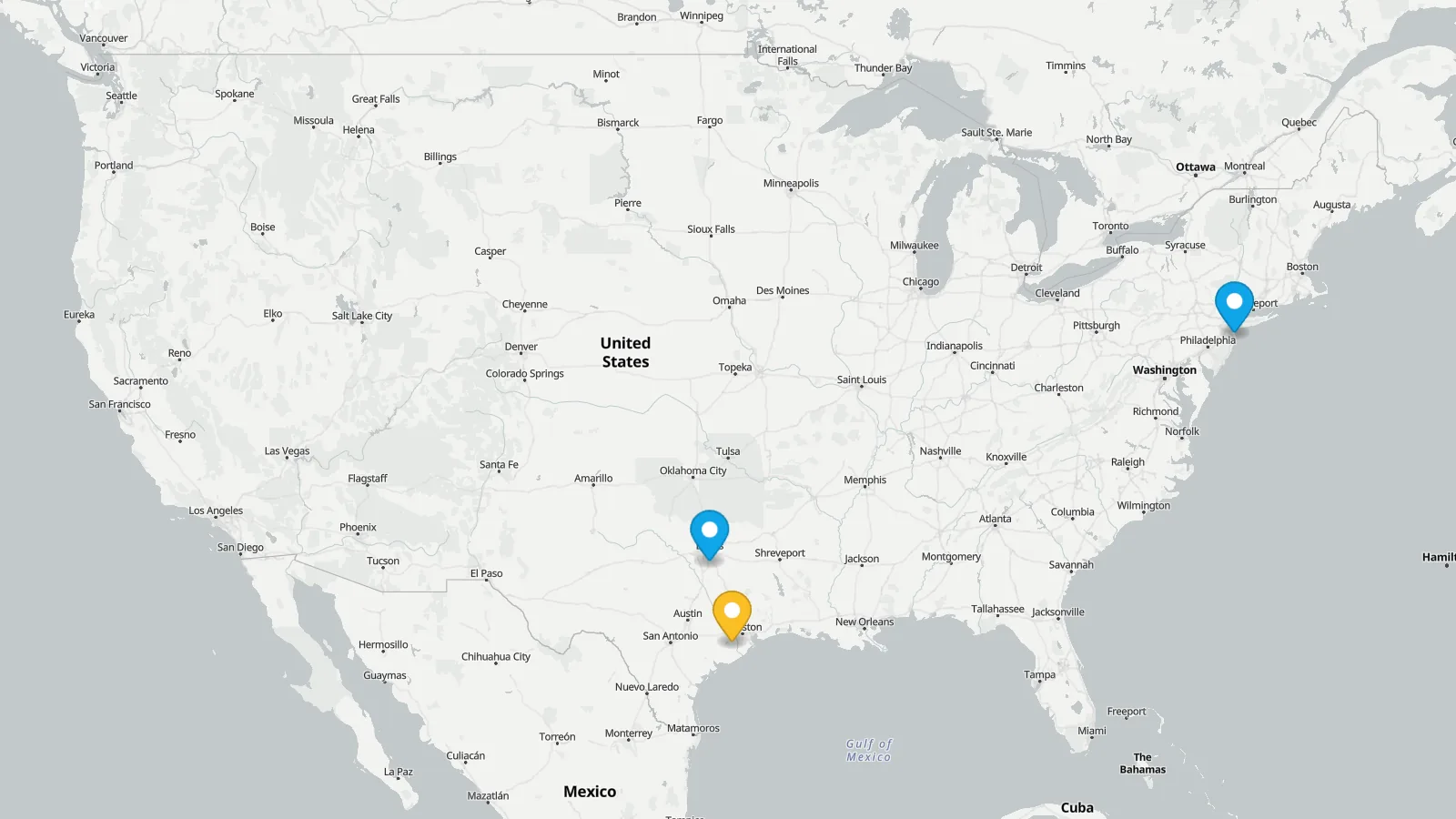 Map of the United States marking our headquarters in Katy, Texas, the data center in Dallas, and backups in New York