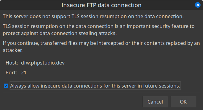 FileZilla warning explaining that the server does not support TLS session resumption on the data connection.