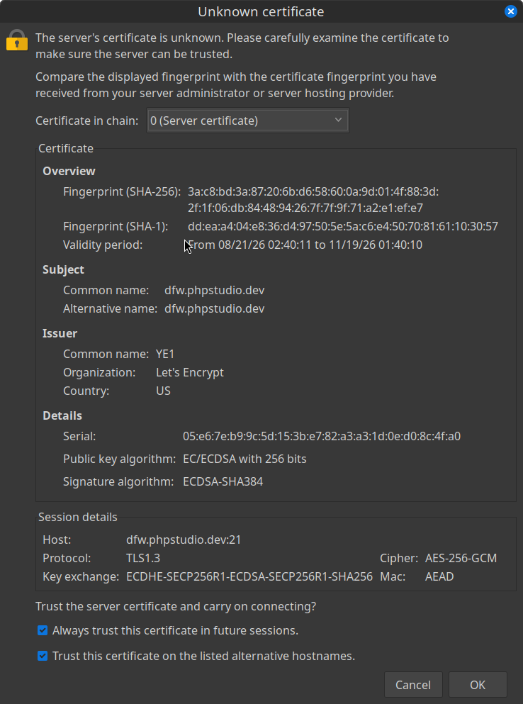 FileZilla certificate warning dialog, showing the certificate fingerprint and an option to trust it in future sessions.