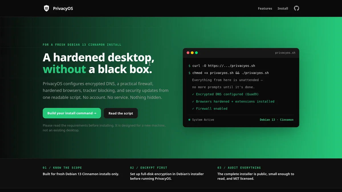 PrivacyOS homepage screenshot