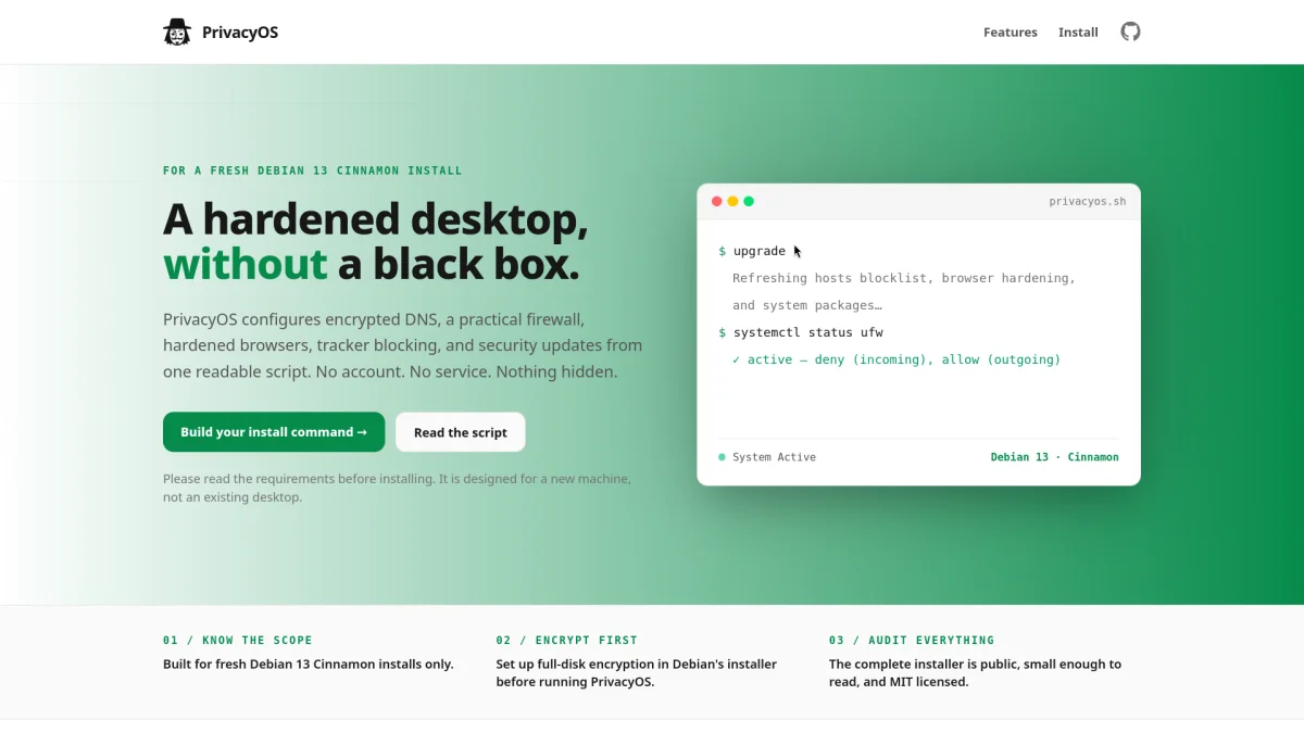 PrivacyOS homepage screenshot