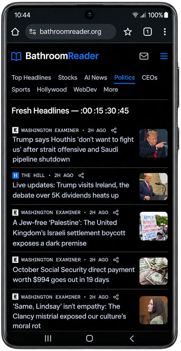 BathroomReader running in Chrome on a Samsung Galaxy phone, dark mode